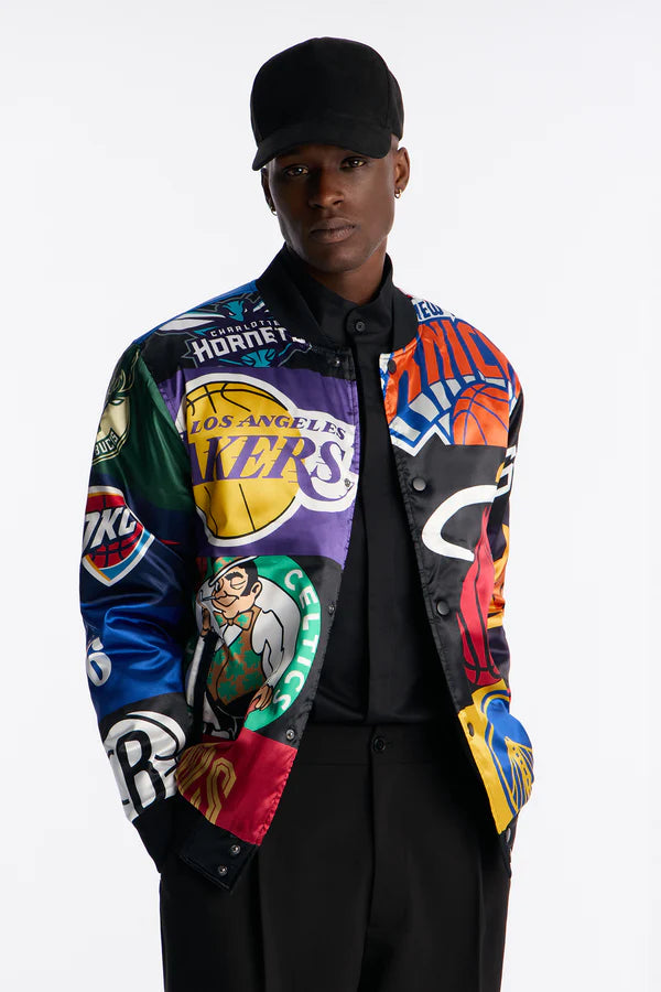 NBA League All Over Print Satin Varsity Jacket - Black