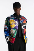 NBA League All Over Print Satin Varsity Jacket - Black