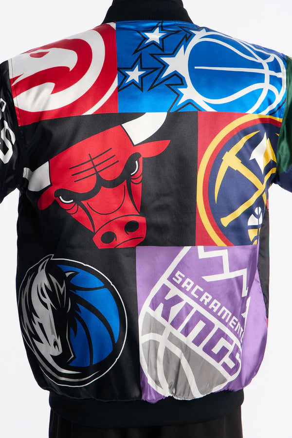 NBA League All Over Print Satin Varsity Jacket - Black
