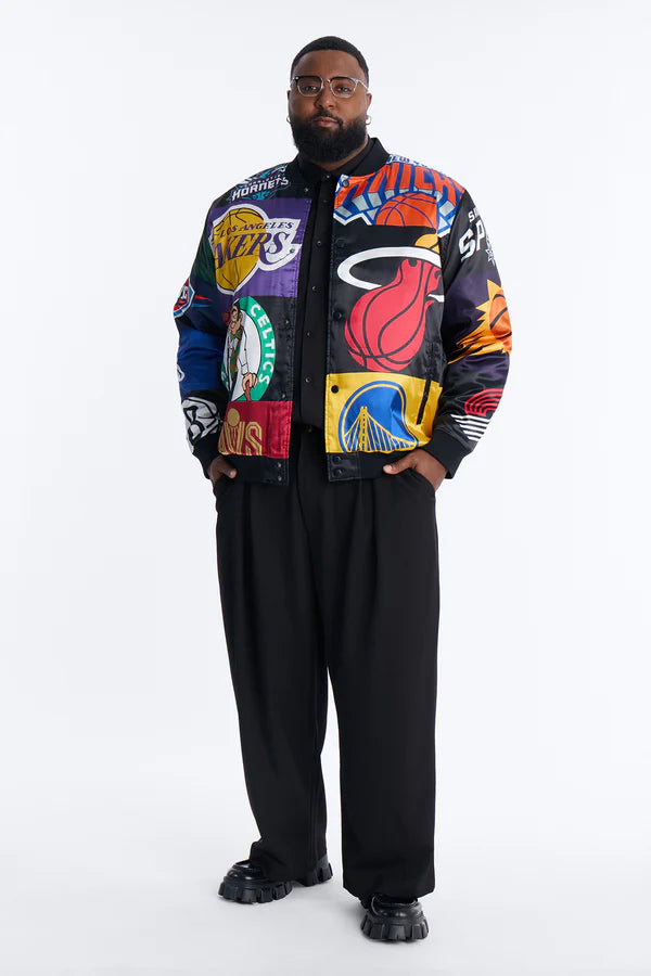 NBA League All Over Print Satin Varsity Jacket - Black