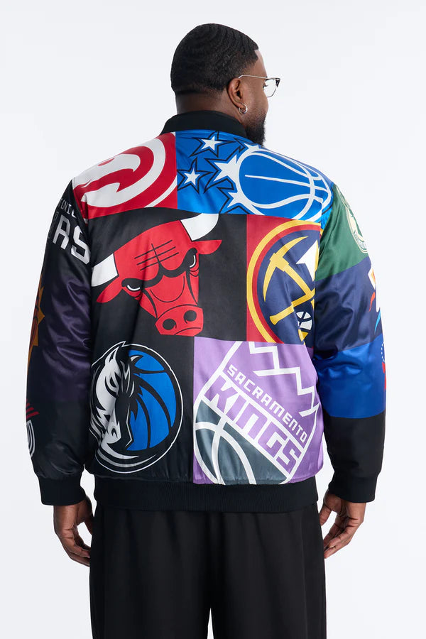 NBA League All Over Print Satin Varsity Jacket - Black