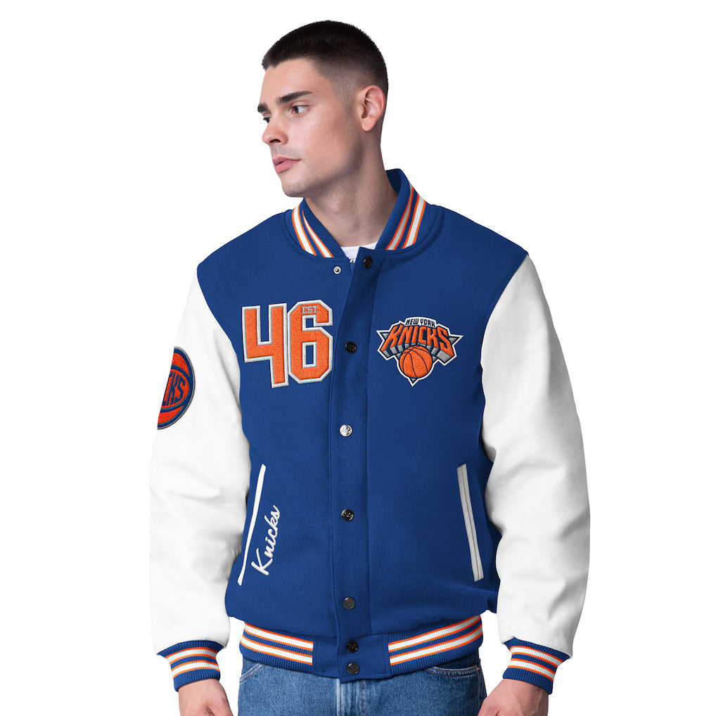 Men's New York Knicks G-III Sports by Carl Banks Blue Moneyball Wool & Leather Full-Snap Varsity Jacket