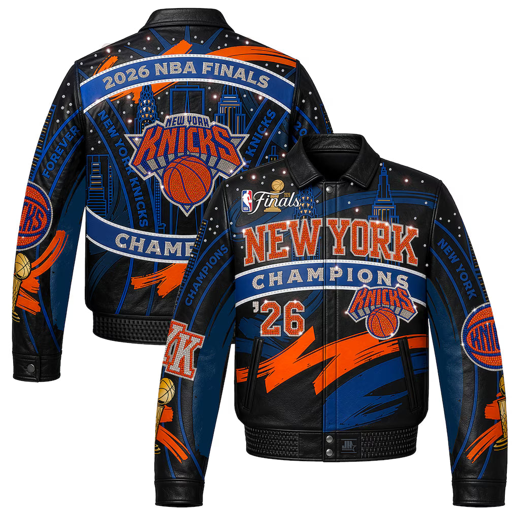 Men's New York Knicks JH Design Navy/Orange 2026 NBA Finals Champions Limited-Edition Swarovski Crystal Leather Full-Snap Jacket