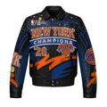 Men's New York Knicks JH Design Navy/Orange 2026 NBA Finals Champions Limited-Edition Swarovski Crystal Leather Full-Snap Jacket