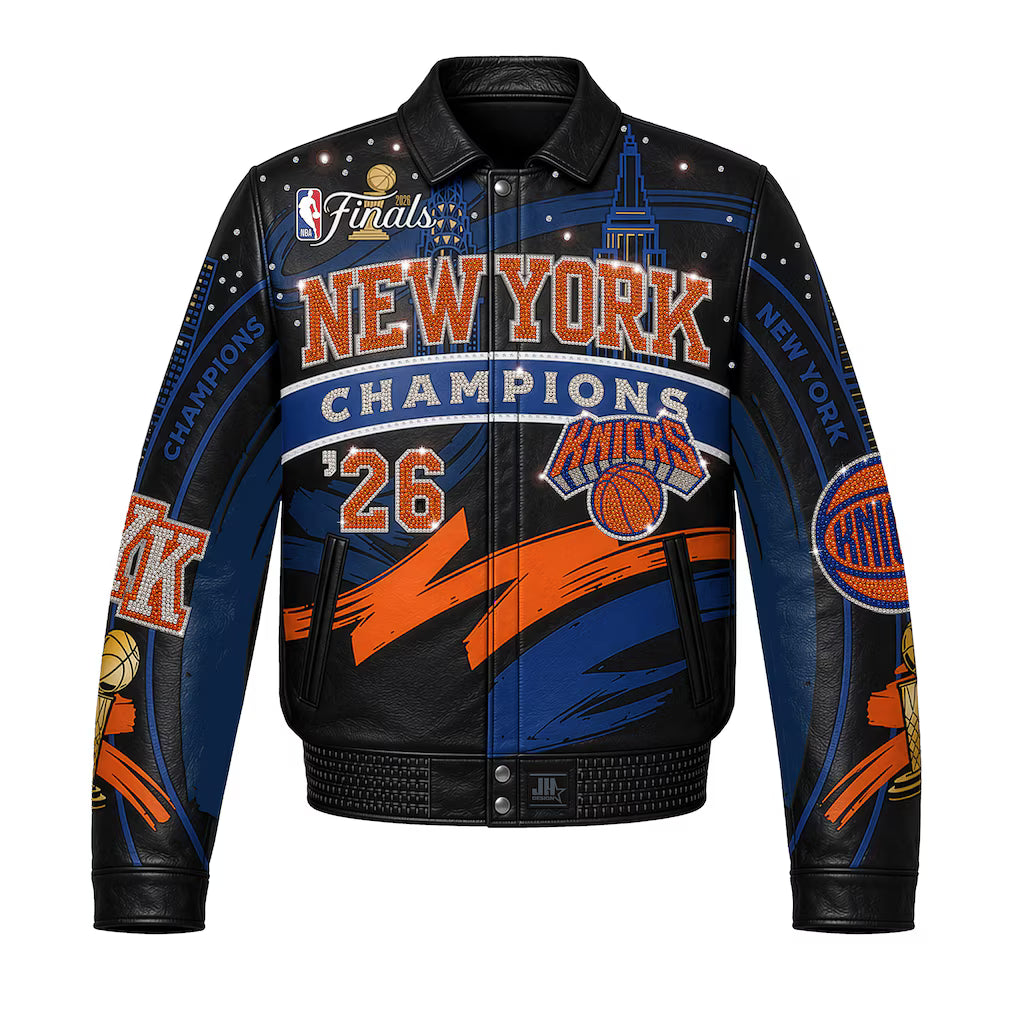 Men's New York Knicks JH Design Navy/Orange 2026 NBA Finals Champions Limited-Edition Swarovski Crystal Leather Full-Snap Jacket