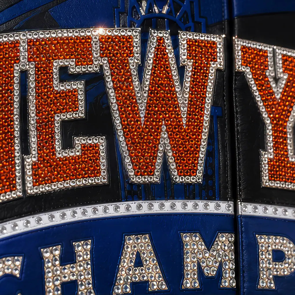 Men's New York Knicks JH Design Navy/Orange 2026 NBA Finals Champions Limited-Edition Swarovski Crystal Leather Full-Snap Jacket