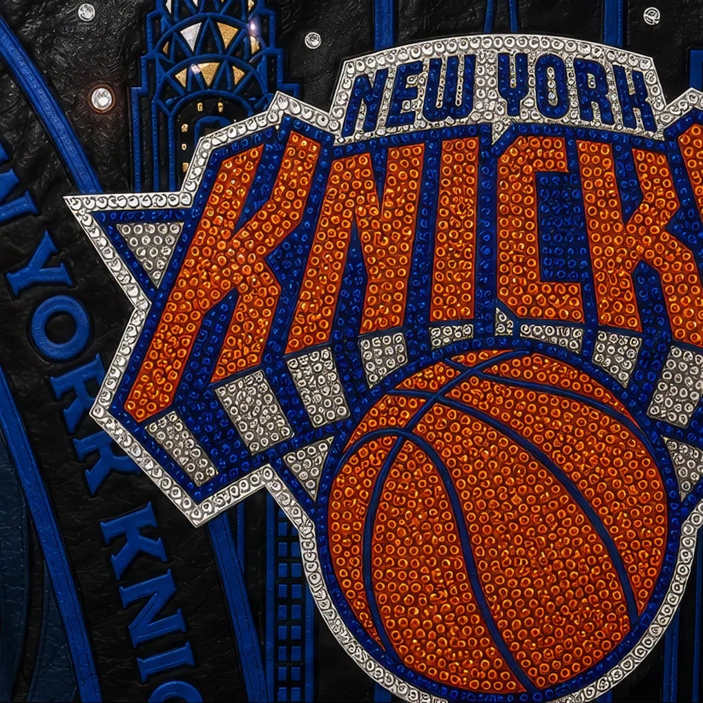 Men's New York Knicks JH Design Navy/Orange 2026 NBA Finals Champions Limited-Edition Swarovski Crystal Leather Full-Snap Jacket