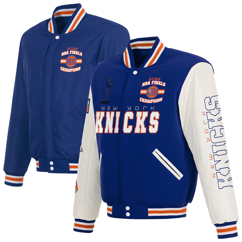 Men's New York Knicks JH Design Blue/White 2026 NBA Finals Champions Reversible Full-Snap Varsity Jacket