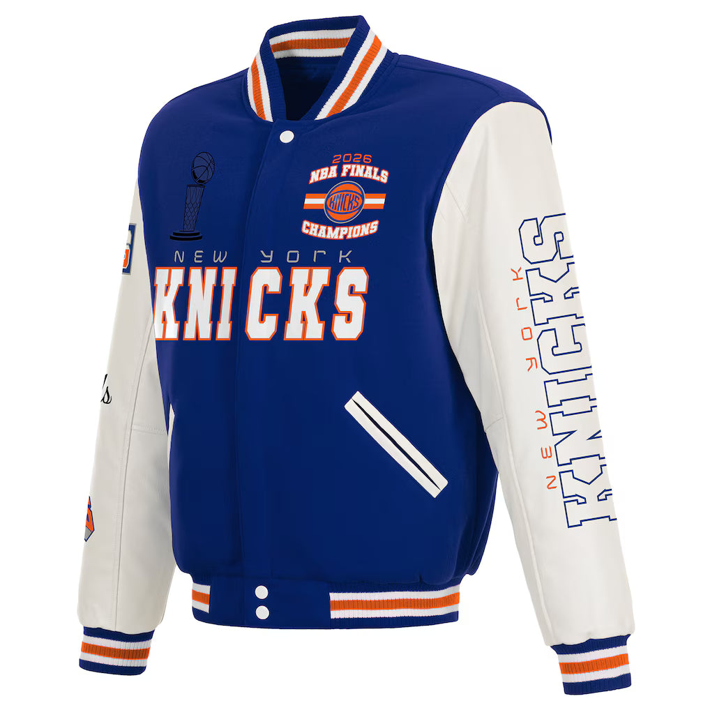 Men's New York Knicks JH Design Blue/White 2026 NBA Finals Champions Reversible Full-Snap Varsity Jacket