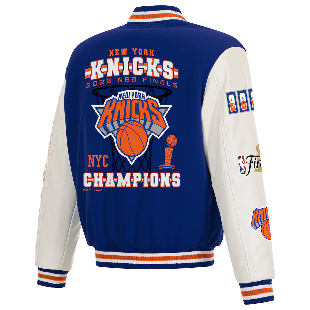 Men's New York Knicks JH Design Blue/White 2026 NBA Finals Champions Reversible Full-Snap Varsity Jacket
